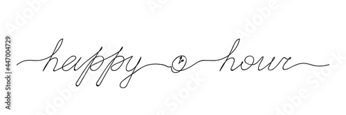 Happy hour handwritten lettering with a small clock sign. Vector illustration on white isolated background. Vintage brush calligraphy for restaurant. Continuous black line