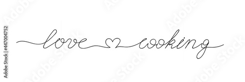 Love cooking handwritten lettering with little heart. Vector illustration on white isolated background. Vintage brush calligraphy for restaurant. Continuous black line
