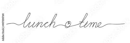 Lunch time handwritten lettering with a small clock sign. Vector illustration on white isolated background. Vintage brush calligraphy for restaurant. Continuous black line