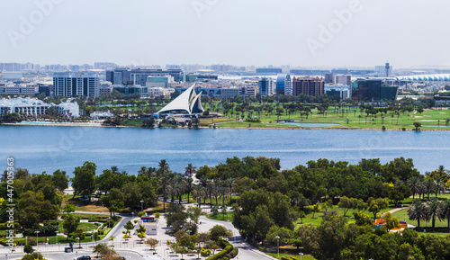 Dubai,UAE - 07.22.2021 View of a creek park and children city. Also on shot airport terminal and creek yacht and golf club.City photo