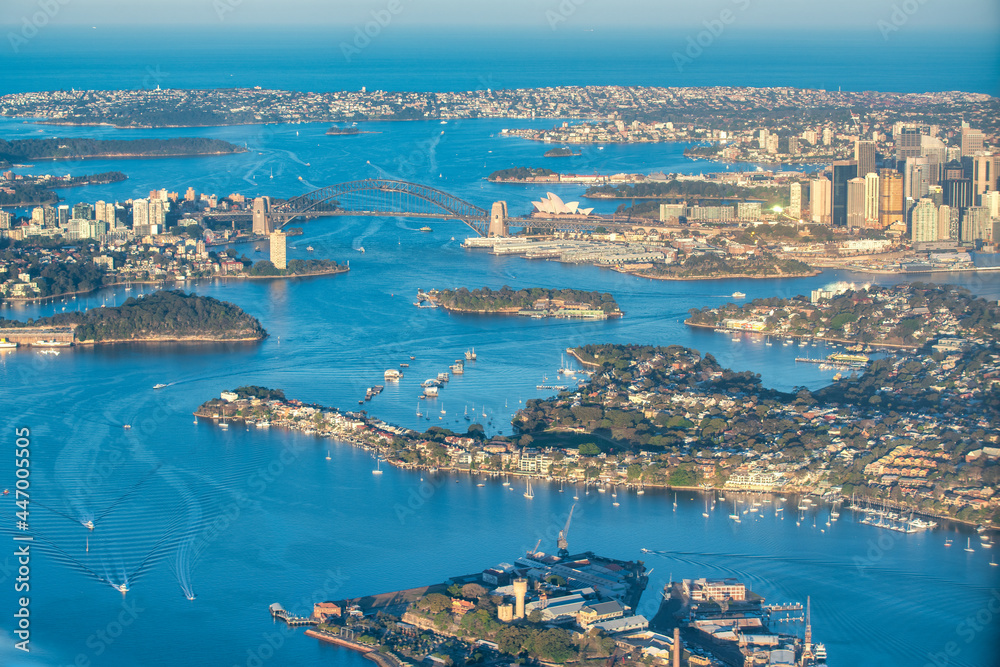 Sydney aerial skyline from a departing airplane on a beautiful day.