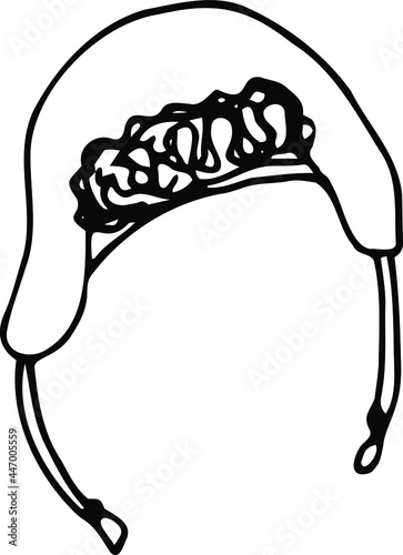 Women's hat-ushanka doodle. Hand-drawn black and white vector illustration. An isolated object on a white background.