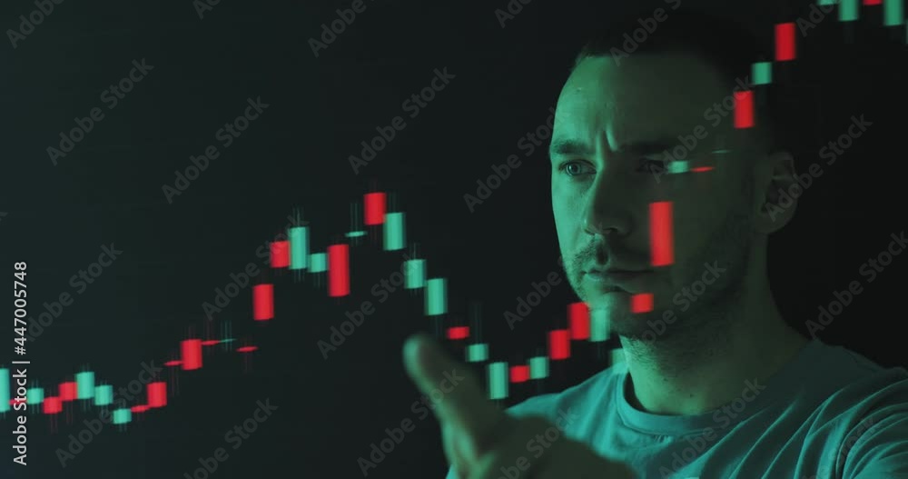 Businessman working at night looking and touching screen, move currency graph. Person stock market trader Businessman working at night looking and touching screen, move currency graph. Person stock market trader
