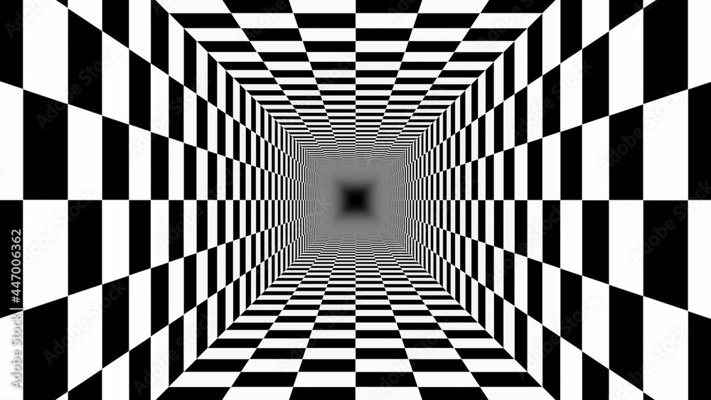 Fototapeta premium Endless Tunnel Checkerboard Pattern Black White Perspective Illusion - Abstract Background Texture