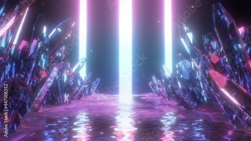 Crystal Landscape Reflects Neon Laser Lights and Outer Space Stars - Abstract Background Texture