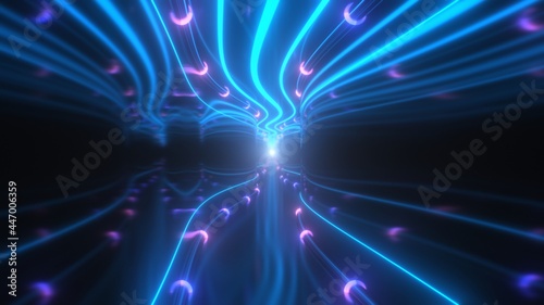 Endless Mirror Hallway With Retro Glowing Neon Lights 3D Tunnel Waves - Abstract Background Texture