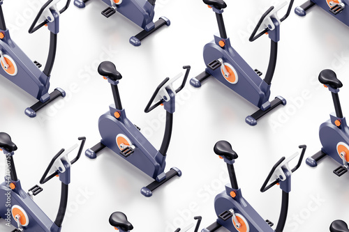 Cycles Machines - Gym Bikes. Cycle machines or exercise bikes for gym trainings, which are arranged in rows on reflective white background. 3D rendering graphics in isometric projection.