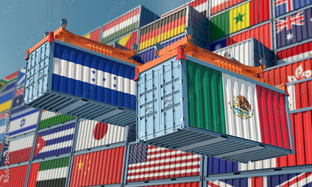 Freight containers with Honduras and Mexico flag. 3D Rendering 