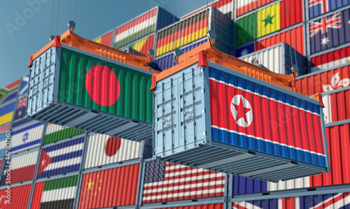 Freight containers with Bangladesh and North Korea flag. 3D Rendering © Marius Faust