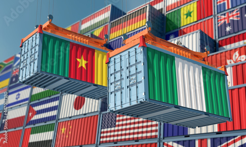 Freight containers with Cameroon and Nigeria flag. 3D Rendering 