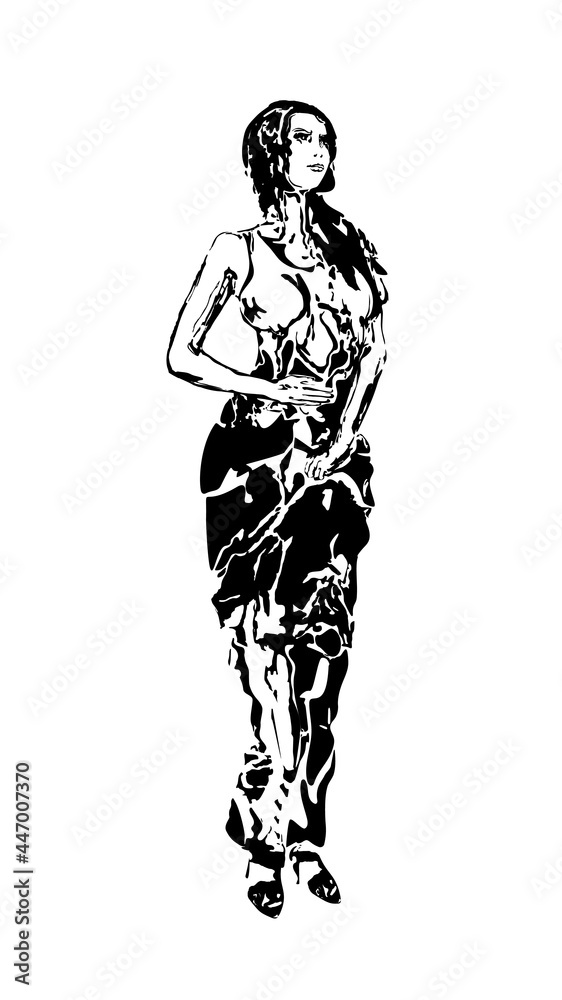 Fototapeta premium Young girl in dress, art sketch. Female silhouette isolated on white background. Beautiful engraving imitation hand drawn. Sexy beauty pose. Vector illustration.