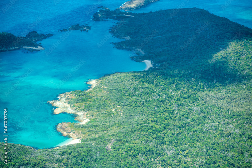 Aerial view of Whitsunday Islands National Park from the aircraft.