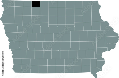 Black highlighted location map of the Emmet County inside gray map of the Federal State of Iowa, USA