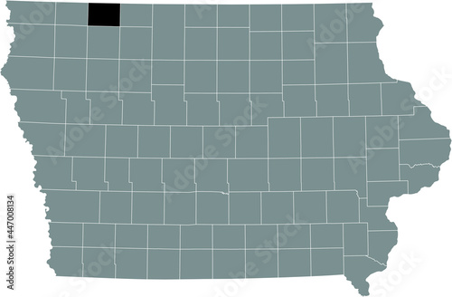 Black highlighted location map of the Dickinson County inside gray map of the Federal State of Iowa, USA