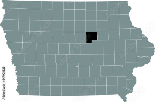 Black highlighted location map of the Grundy County inside gray map of the Federal State of Iowa, USA