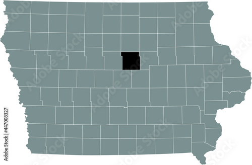 Black highlighted location map of the Hardin County inside gray map of the Federal State of Iowa, USA
