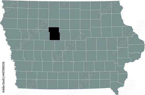 Black highlighted location map of the Webster County inside gray map of the Federal State of Iowa, USA