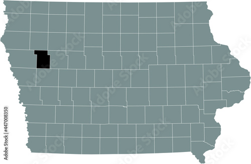 Black highlighted location map of the Ida County inside gray map of the Federal State of Iowa, USA