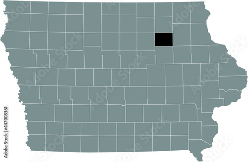 Black highlighted location map of the Bremer County inside gray map of the Federal State of Iowa, USA
