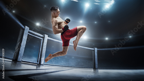 MMA cage. Jumping knee kick in octagon. Male fighter jumping with a knee kick. Sport