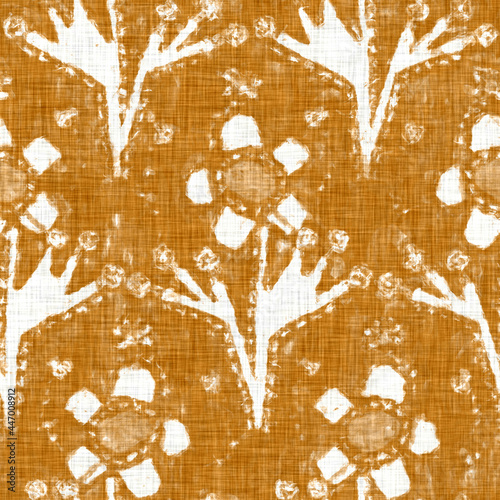 Hand drawn flower motif linen texture. Whimsical garden seamless pattern. Modern spring doodle floral nature textile for home decor. Botanical scandi style rustic orange all over print.