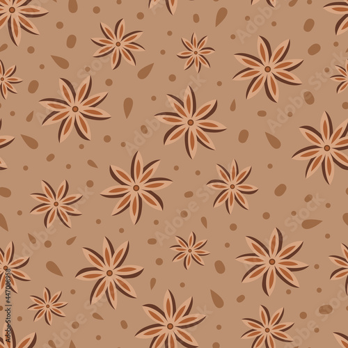 Star anise spice, chai tea latte design with illustrated pod and seed ingredient elements. Warm light brown, monochromatic, stylised, simple, abstract seamless repeat pattern background texture