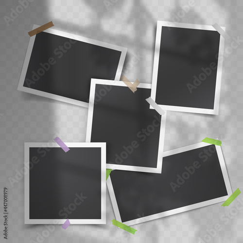 Realistic vector set of vintage photo templates with adhesive tapes shadow overlay from the window