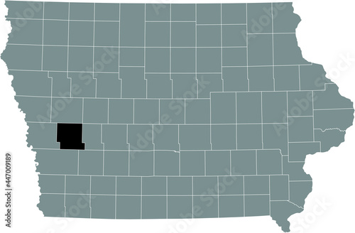 Black highlighted location map of the Shelby County inside gray map of the Federal State of Iowa, USA