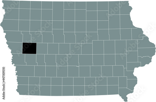 Black highlighted location map of the Crawford County inside gray map of the Federal State of Iowa, USA