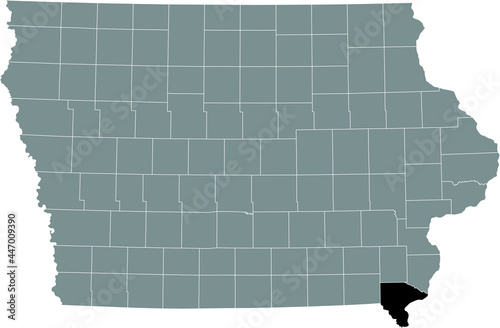 Black highlighted location map of the Lee County inside gray map of the Federal State of Iowa, USA