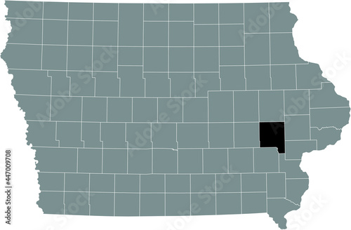 Black highlighted location map of the Johnson County inside gray map of the Federal State of Iowa, USA