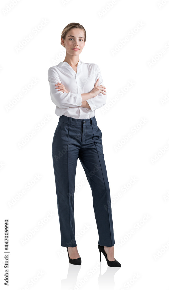 Full length front view attractive business woman in crossed arms Full length front view attractive business woman in crossed arms