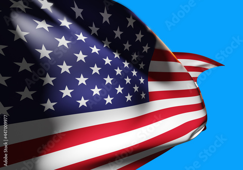 USA flag. Starry striped flag of the United States of America. Flagpole against the sky. US state symbols. Banner flutters in the wind. 3d image