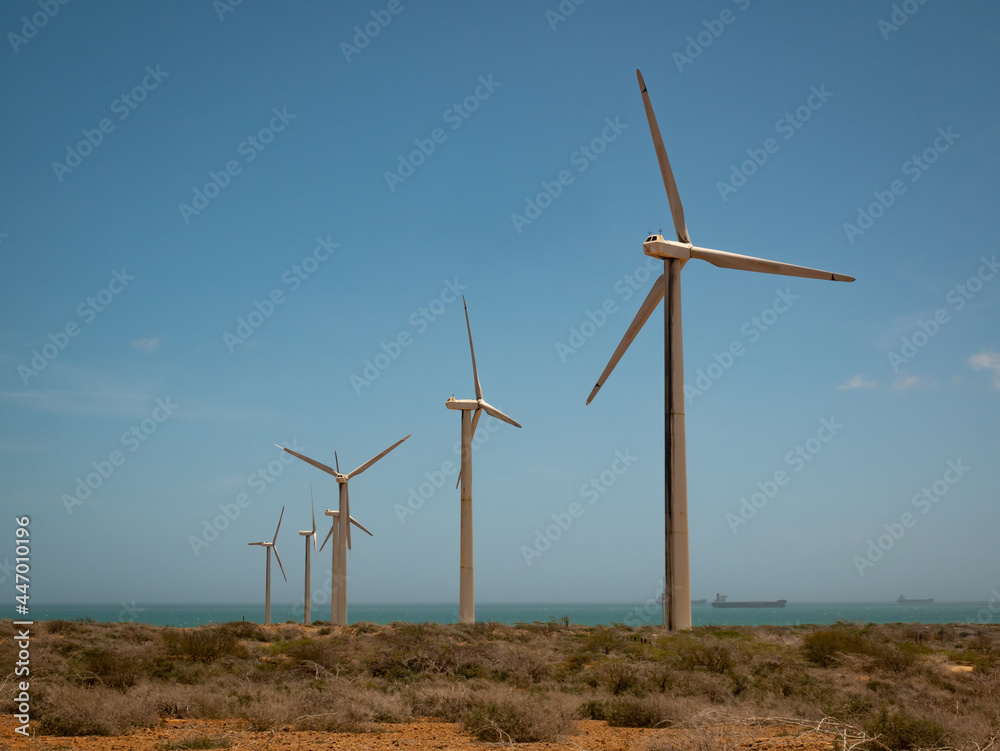 Wind Farm in the Desert by the Sea in La Guajira, Colombia