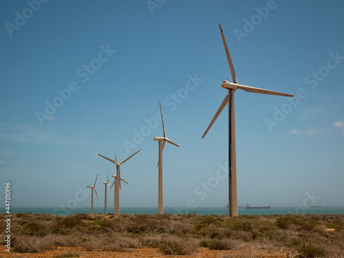 Wind Farm in the Desert by the Sea in La Guajira, Colombia