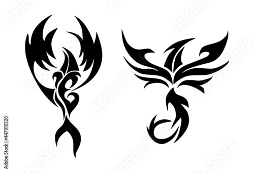 Set of the vertical tattoo. Abstract phoenix, black tribal silhouette on white background