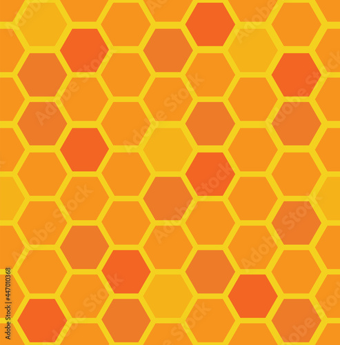 Honeycomb beehive, simple, minimal, geometric, modern, hexagonal seamless repeat vector pattern texture background with multicolour, variegated shades of orange and yellow