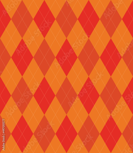 70's Argyle Vintage, Retro Red, Orange and Tangerine Coloured Geometric Diamond Repeat Tile Design with White Stitch Line Detail. Seamless Vector Background, Wallpaper, Material Texture 