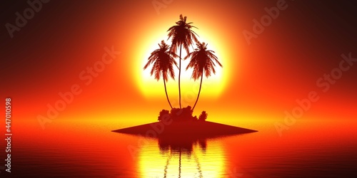 Island with palm trees in the ocean against the backdrop of the setting sun  3D rendering