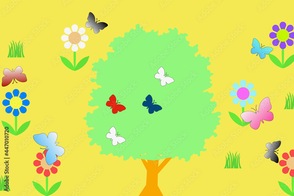 木と花と蝶