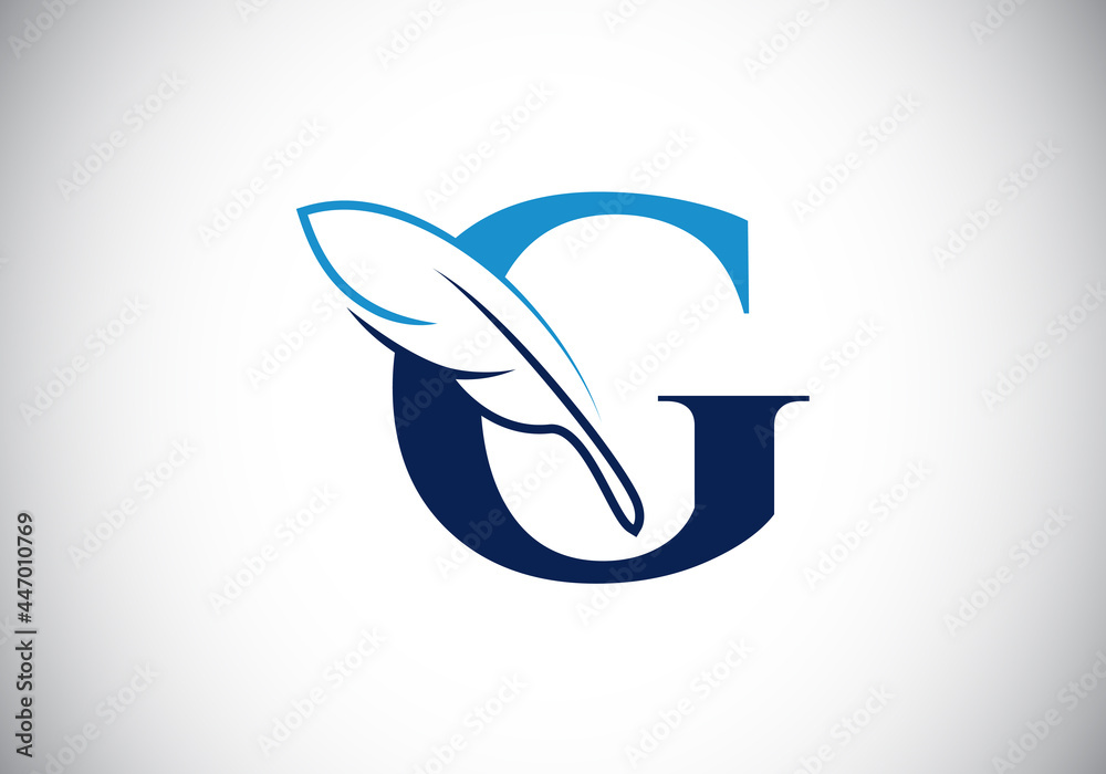 Initial G monogram alphabet with a feather. Font emblem. Law firm icon sign symbol. Modern vector Logo for a writer or publishers business and company identity