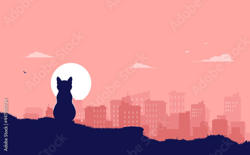 Cat sitting and watching city skyline - Calm animal on hilltop contemplating and relaxing. Cat life concept, vector illustration