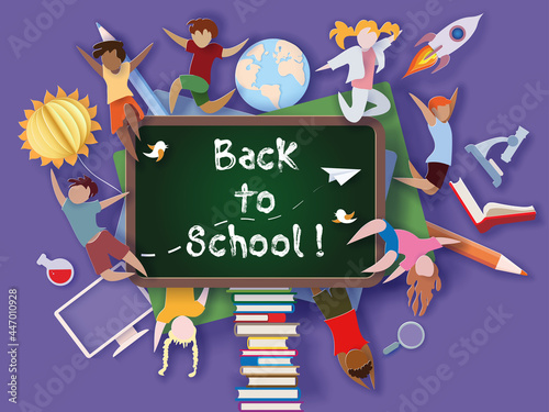 Back to school background . Paper cut cartoon kids