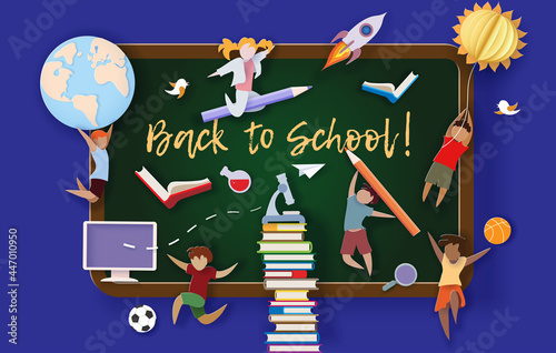 Back to school background . Paper cut cartoon kids