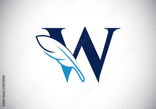 Initial W monogram alphabet with a feather. Font emblem. Law firm icon sign symbol. Modern vector Logo for a writer or publishers business and company identity