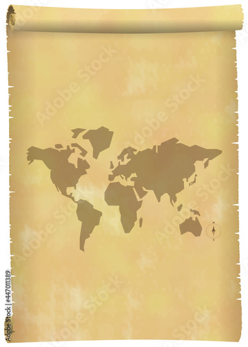古い巻物に描かれた欧米中心世界地図のイメージ