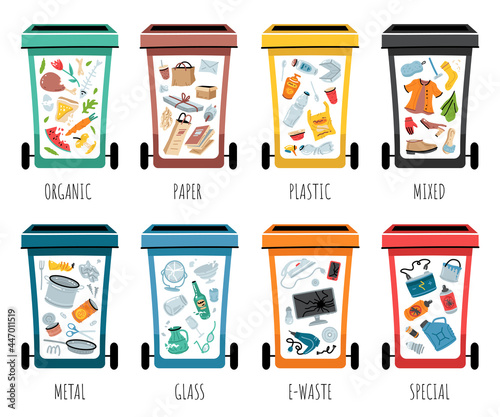 Garbage segregation. Waste separate, classification and recycling concept. Colored dustbin or trash cans for each type - organic, metal, paper, plastic, glass, e-waste and other.