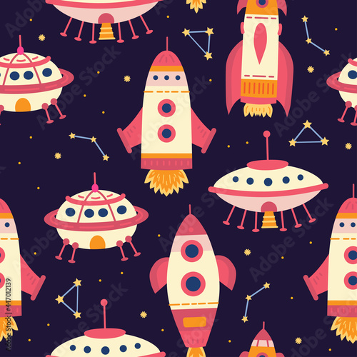 Space rocket seamless pattern in cartoon style. Cute retro illustration for kids design. Vector pattern. Bright backdrop for textile, wrapping paper, greeting cards or posters for kindergarten