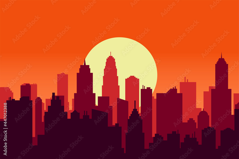 Sunset sky twilight vector illustration of scenic city silhouette