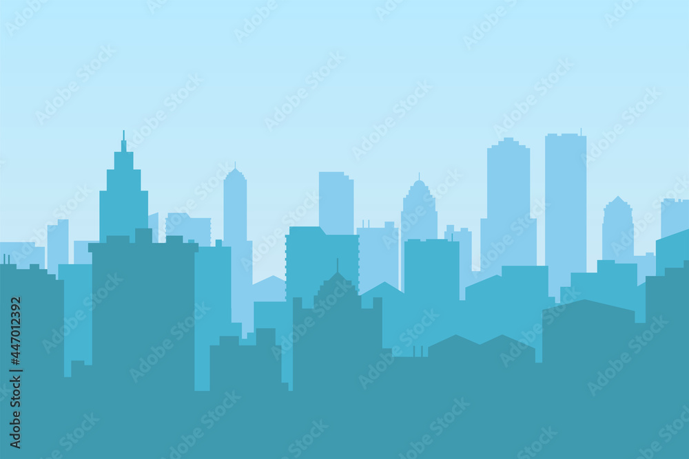 Vector illustration of a silhouette downtown area scene with a blue sky